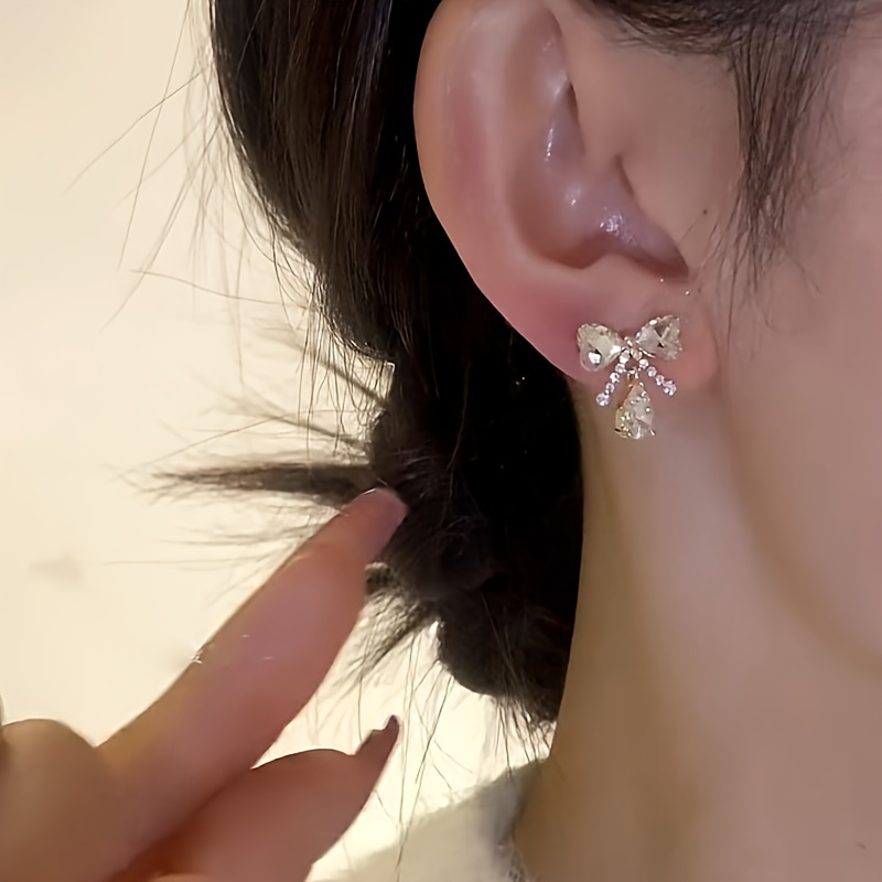 Bow & Water Drop Gemstone Earrings with Rhinestone Accents